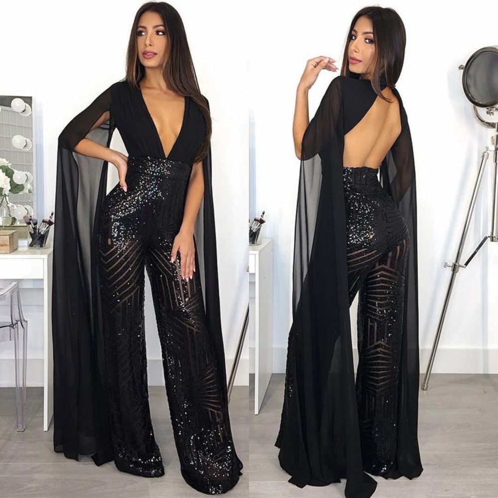 Black Jumpsuit with chiffon cape & sequence legs